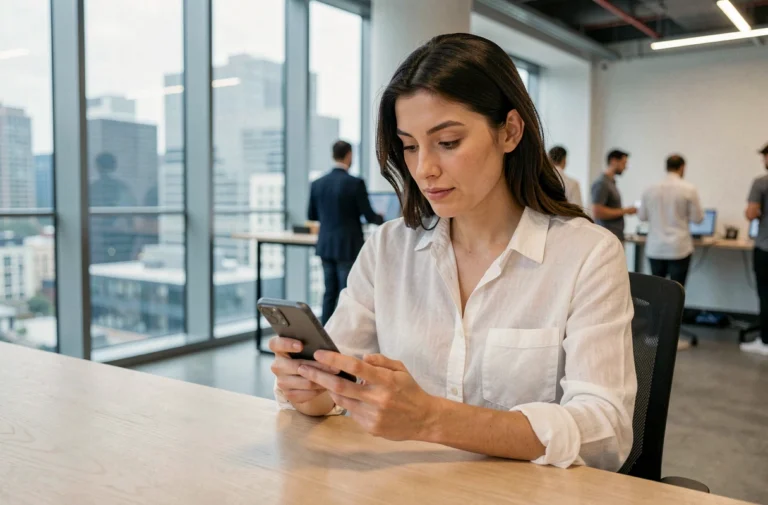 Femme explorant un smartphone pliable dans un bureau tech moderne, illustrant les dernières tendances technologiques