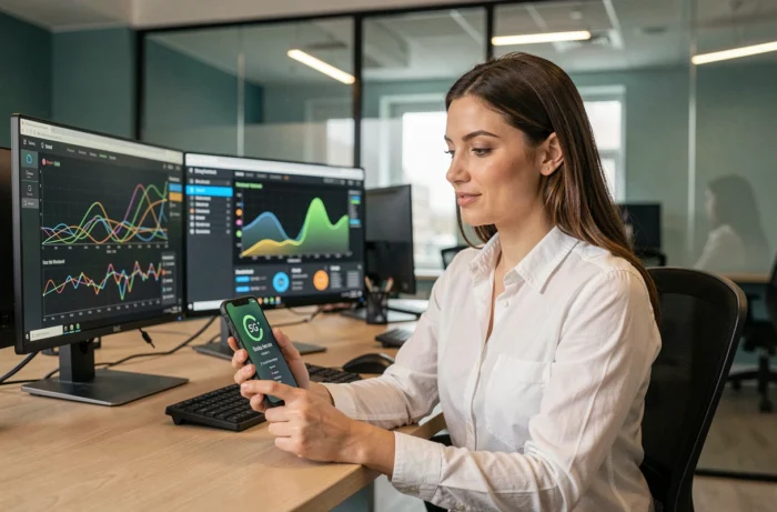 Femme en bureau moderne tenant un smartphone affichant un signal réseau 5G