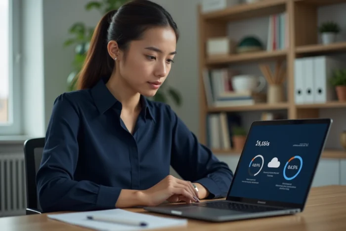 Femme professionnelle forçant la synchronisation OneDrive sur son ordinateur portable au bureau