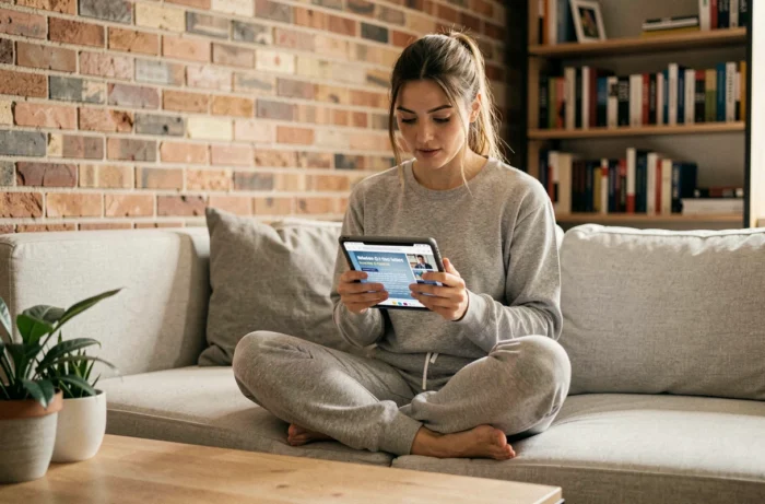 Jeune femme lisant les tendances et actualités du moment sur une tablette à la maison