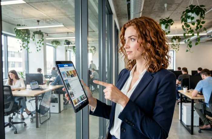Femme en blazer consultant une interface de réseau social sur une tablette dans un espace de coworking