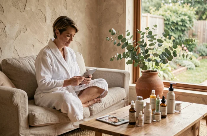 Femme en peignoir explorant les rubriques beauté naturelle sur une tablette depuis son salon