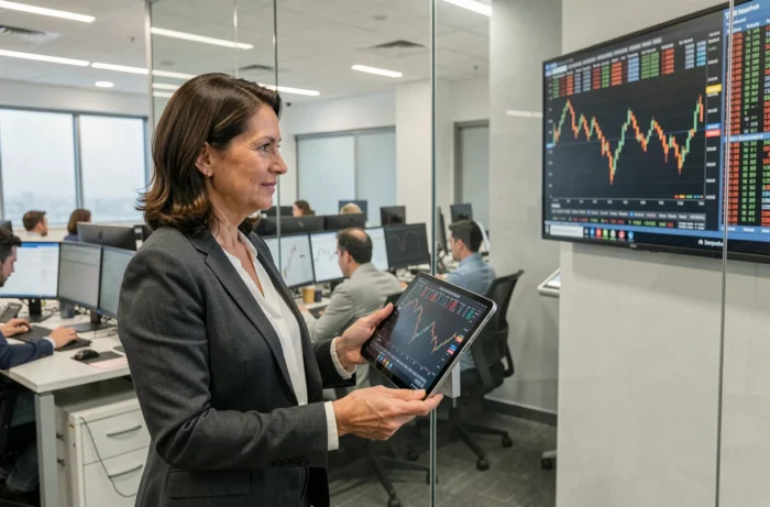 Femme professionnelle consultant des données boursières en temps réel sur une tablette dans une salle de trading