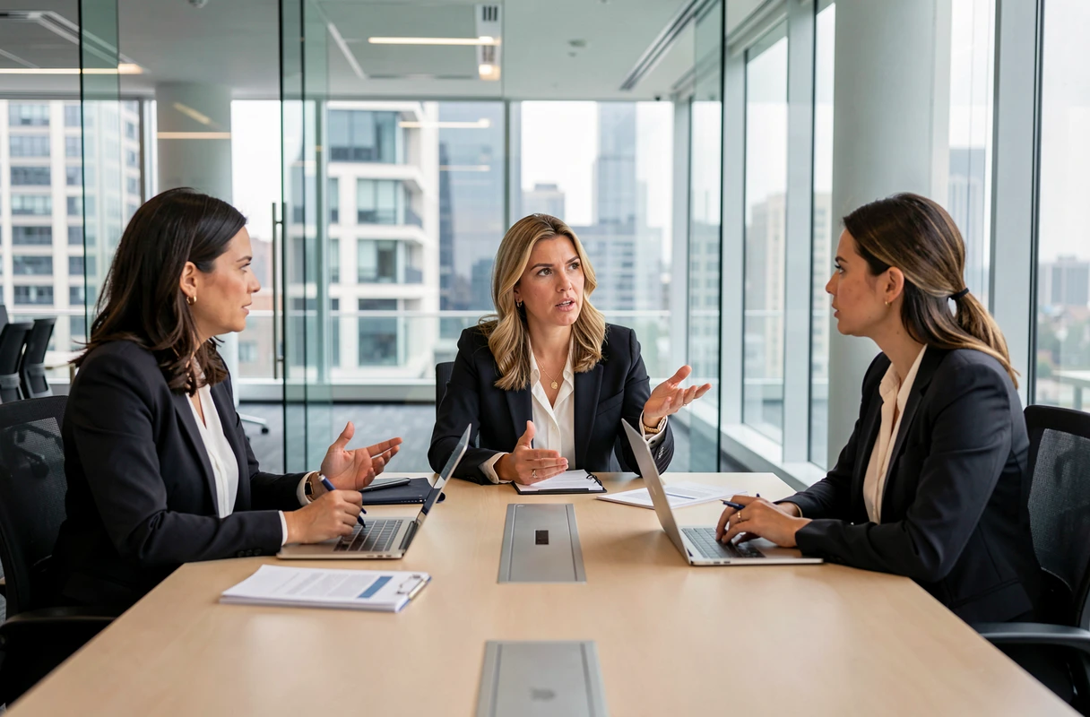 Trois femmes professionnelles en réunion discutant de sexisme médiatique et d'égalité de traitement dans les médias