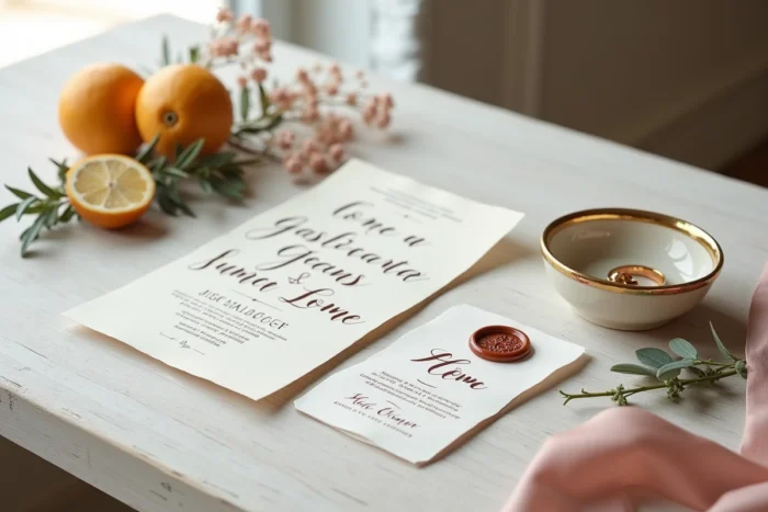 Flat lay de mariage avec faire-part calligraphié, alliances dorées, fleurs séchées et ruban satin rose, décoration tendance mariage 2024