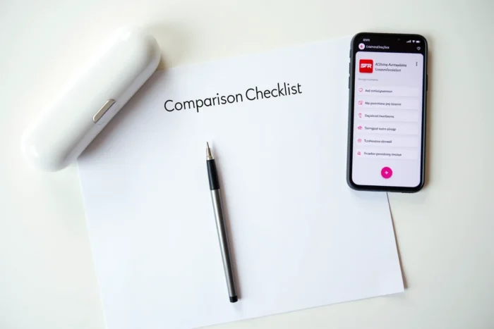 Vue aérienne d'une comparaison de forfaits SFR Mail avec smartphone et checklist imprimée