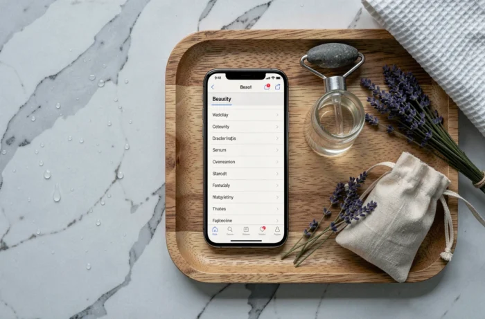 Flat-lay d'un smartphone affichant le plan du site beauté nature entouré de produits cosmétiques naturels sur marbre