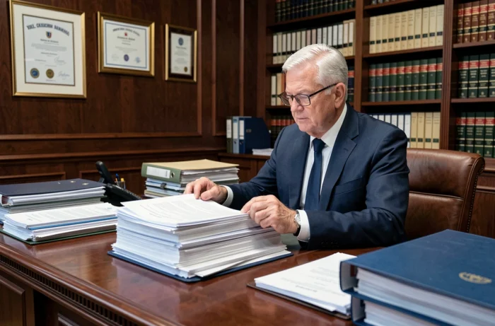 Fonctionnaire senior révisant des circulaires administratives dans un bureau gouvernemental officiel