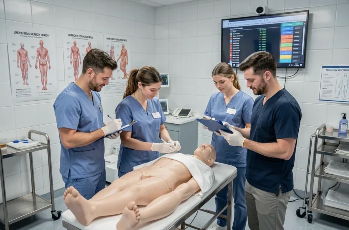 Professionnels de santé en formation pratique sur mannequin dans une salle de simulation médicale hospitalière