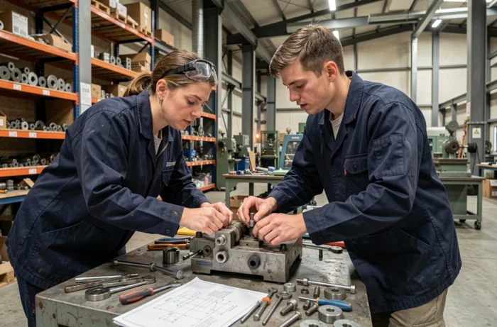 Femme expérimentée formant un apprenti sur une chaîne de montage industrielle, illustrant l'importance de la formation terrain