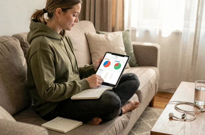 Jeune freelance calculant ses heures de travail sur une application de suivi du temps sur tablette depuis son canapé