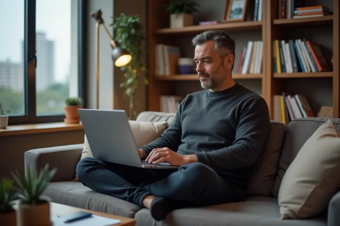 Freelance en community management travaillant depuis son bureau à domicile sur sa stratégie de réseaux sociaux
