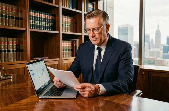 Homme d'affaires d'une cinquantaine d'années analysant des documents financiers dans un bureau élégant pour optimiser la gestion de son patrimoine
