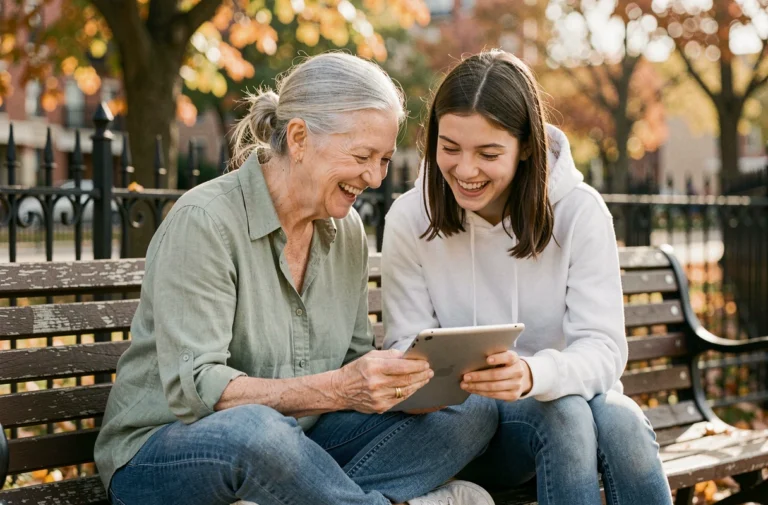 Grand-mère et petite-fille partageant un moment connecté sur une tablette dans un parc urbain en automne