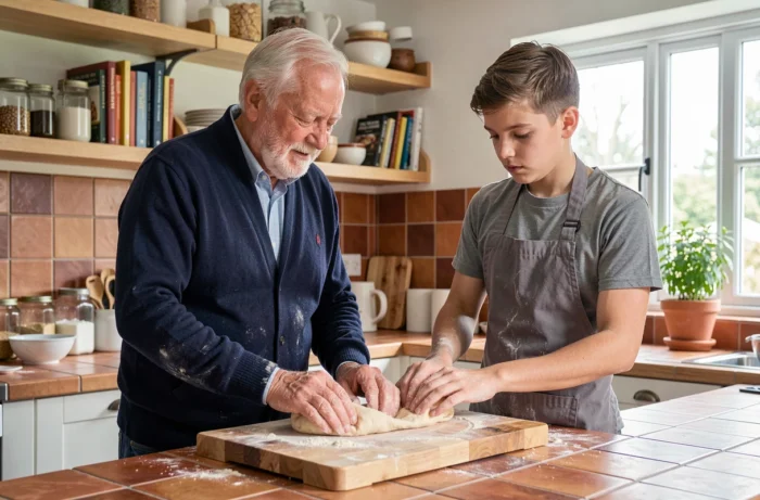 Grand-père et petit-fils adulte préparant ensemble une recette de cuisine dans une cuisine familiale moderne