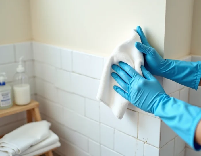 Close-up of gloved hands wiping a wall with a microfiber cloth during washing before painting