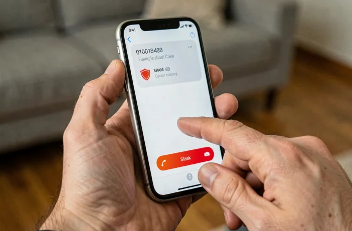 Gros plan d'un smartphone affichant un avertissement de spam sur un numéro de téléphone avec le pouce hésitant au-dessus du bouton de rappel