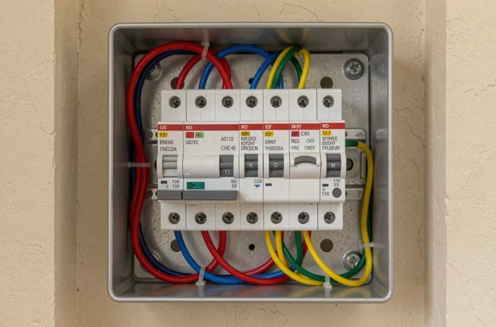 Gros plan sur un tableau électrique moderne avec disjoncteurs étiquetés et câblage organisé dans un logement rénové