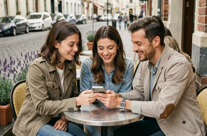 Groupe d'amis découvrant les fonctionnalités d'un réseau social sur smartphone en terrasse de café