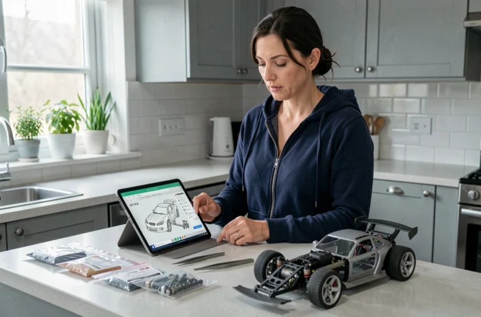 Femme consultant un guide d'assemblage Altaya sur tablette avec des pièces de maquette Nissan Skyline GT-R étalées sur le comptoir
