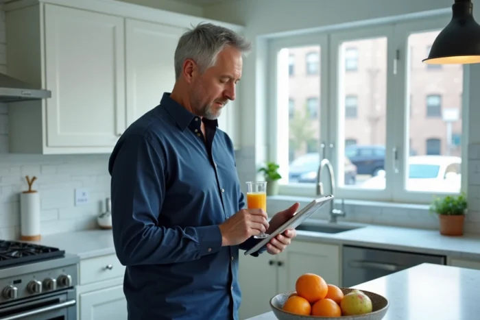 Homme lisant les actualités du jour sur une tablette numérique dans une cuisine moderne le matin