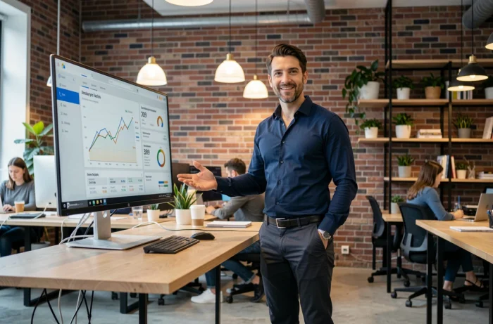 Homme d'affaires consultant des statistiques e-commerce sur grand écran dans un espace de coworking moderne