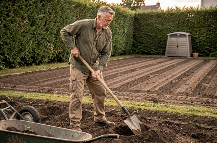 Homme utilisant une bêche dans un grand jardin résidentiel avec brouette et outils de jardinage posés au sol