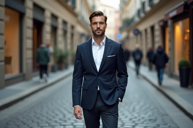 Homme élégant en blazer marine et chino sombre dans une rue pavée européenne, style mode moderne et affirmé