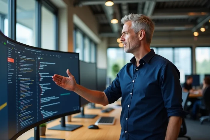Homme en chemise navy expliquant des actualités informatiques devant un grand écran dans un bureau moderne en open space