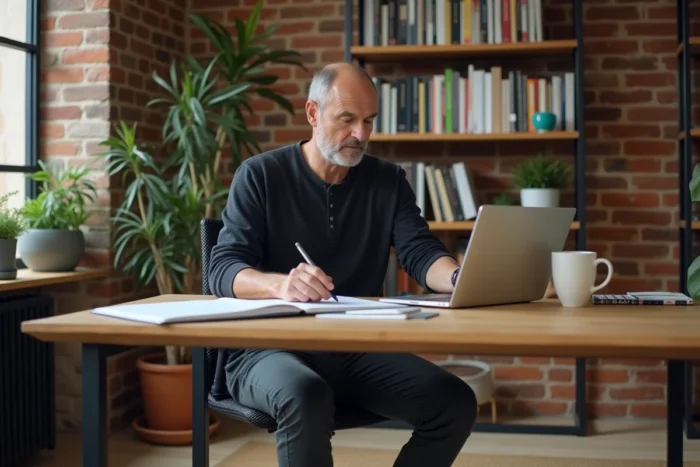 Homme consultant un planificateur hebdomadaire dans un bureau maison organisé pour optimiser son quotidien