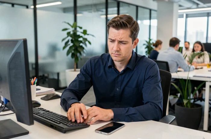Homme au bureau hésitant à rappeler un numéro de téléphone inconnu signalé comme spam sur son smartphone