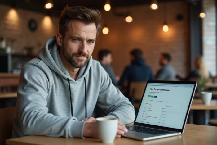 Homme consultant une comparaison de services SFR Mail sur ordinateur portable dans un café