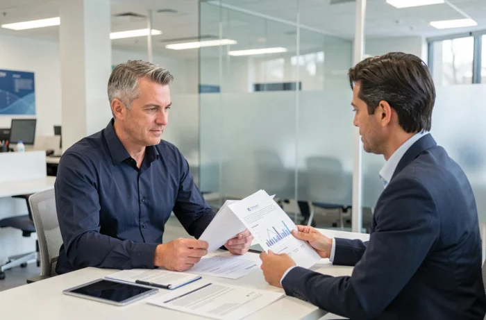 Homme discutant d'une facture impayée avec un conseiller financier dans une agence bancaire moderne