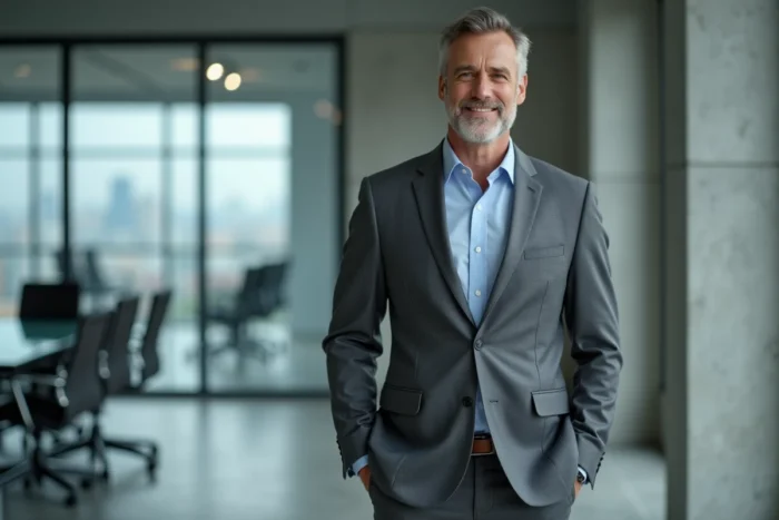 Homme d'affaires en costume gris charbon dans un bureau moderne avec vue sur la ville, style professionnel contemporain