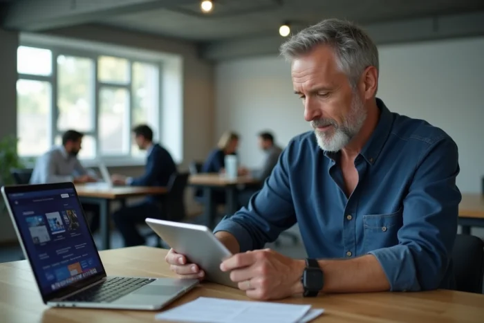 Homme en espace de coworking utilisant une tablette et un ordinateur portable pour optimiser ses recherches en ligne