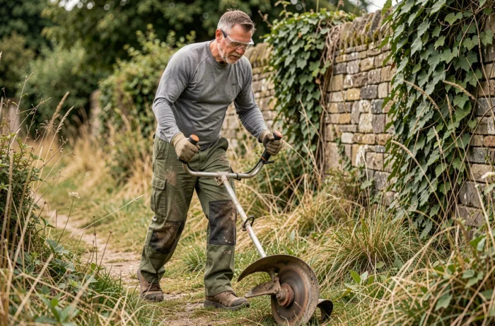 Homme utilisant une débroussailleuse thermique professionnelle le long d'un chemin de jardin envahi par la végétation