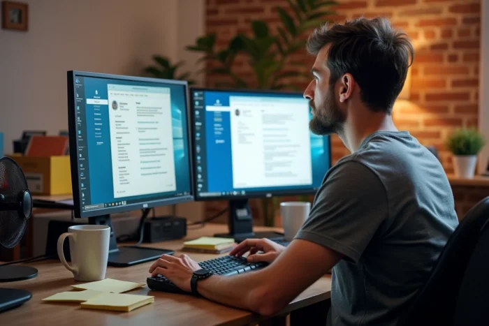 Homme résolvant un problème de synchronisation OneDrive sur un double écran en télétravail