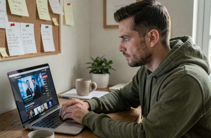 Homme concentré regardant un documentaire en streaming sur un ordinateur portable dans un bureau à domicile