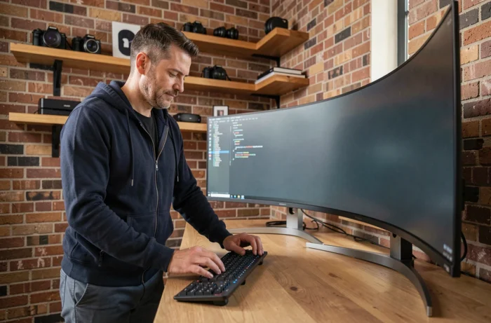 Homme utilisant un écran ultra-large dans un home studio technologique moderne, représentant les tendances tech actuelles