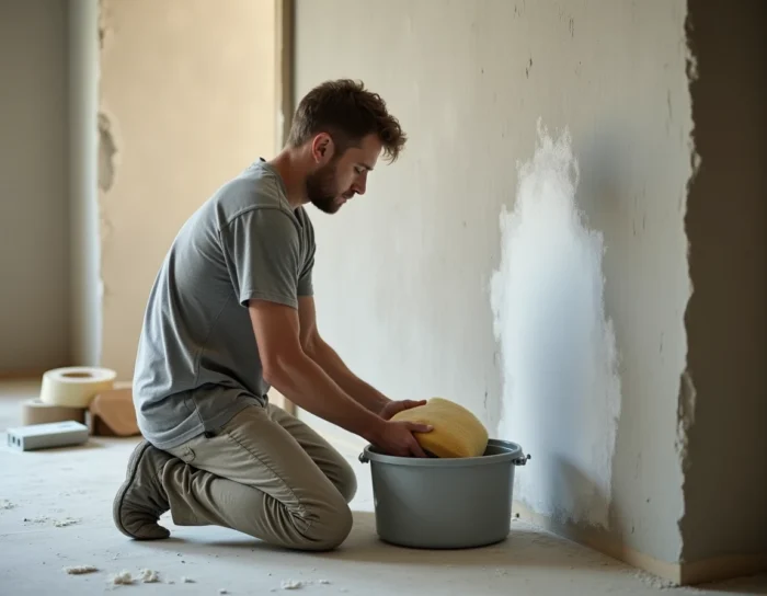 Man wringing a sponge to wash a plaster wall before applying paint, visible contrast between clean and dirty areas