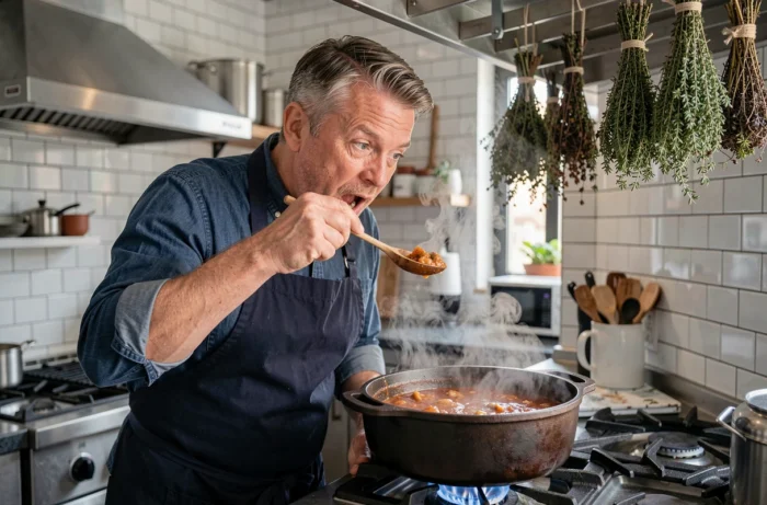 Homme goûtant une sauce mijotée dans une cocotte en fonte sur une cuisinière à gaz dans une cuisine moderne