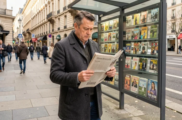 Homme lisant le journal dans une rue animée d'une ville européenne au quotidien