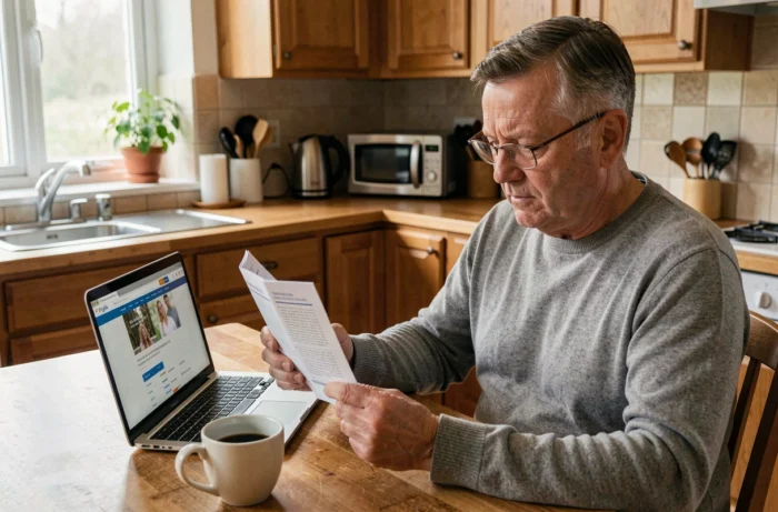 Homme à domicile consultant les documents de sa mutuelle santé pour comprendre ses garanties