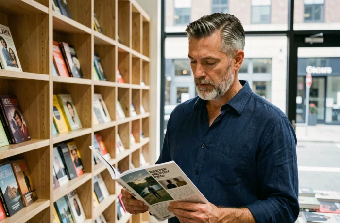 Homme feuilletant un numéro imprimé de Pop Shot dans une librairie moderne