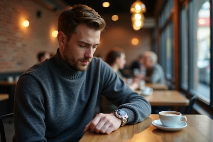 Homme élégant portant une montre Michael Kors dans un café urbain contemporain