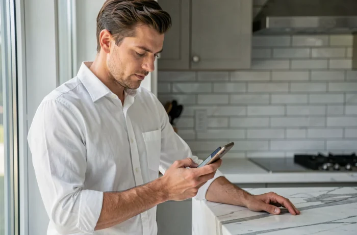 Homme utilisant son smartphone pour naviguer dans le plan du site d'une boutique de mode depuis sa cuisine moderne