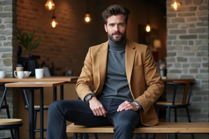 Jeune homme stylé en overshirt camel et bottines Chelsea dans un café minimaliste, tendances mode automne-hiver