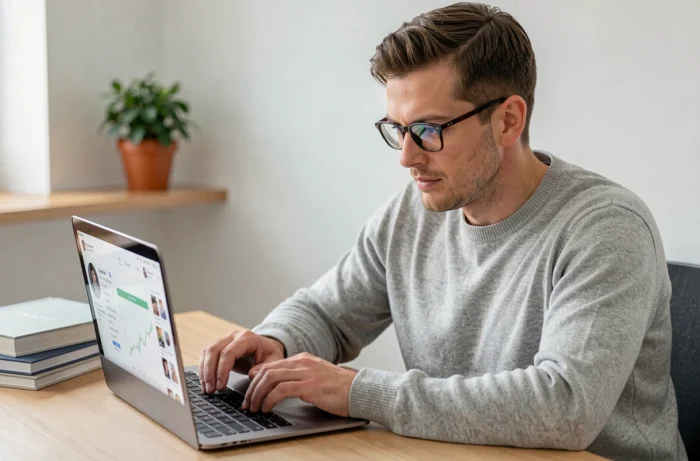 Homme utilisant un réseau social sur son ordinateur portable dans un bureau à domicile moderne