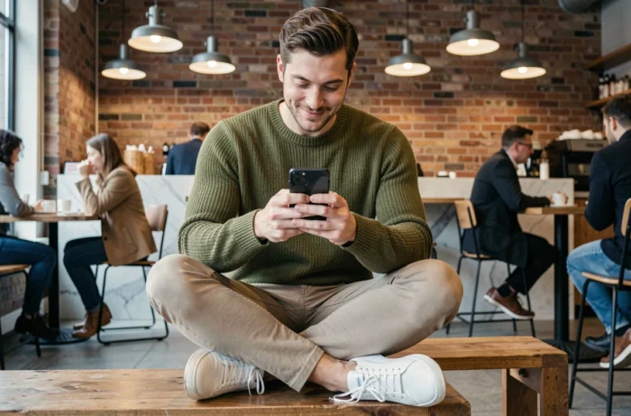 Homme en tenue smart-casual consultant des tendances mode sur son téléphone dans un café urbain moderne