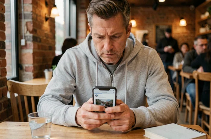 Homme consultant un site internet sur son smartphone dans un café avec prudence et attention